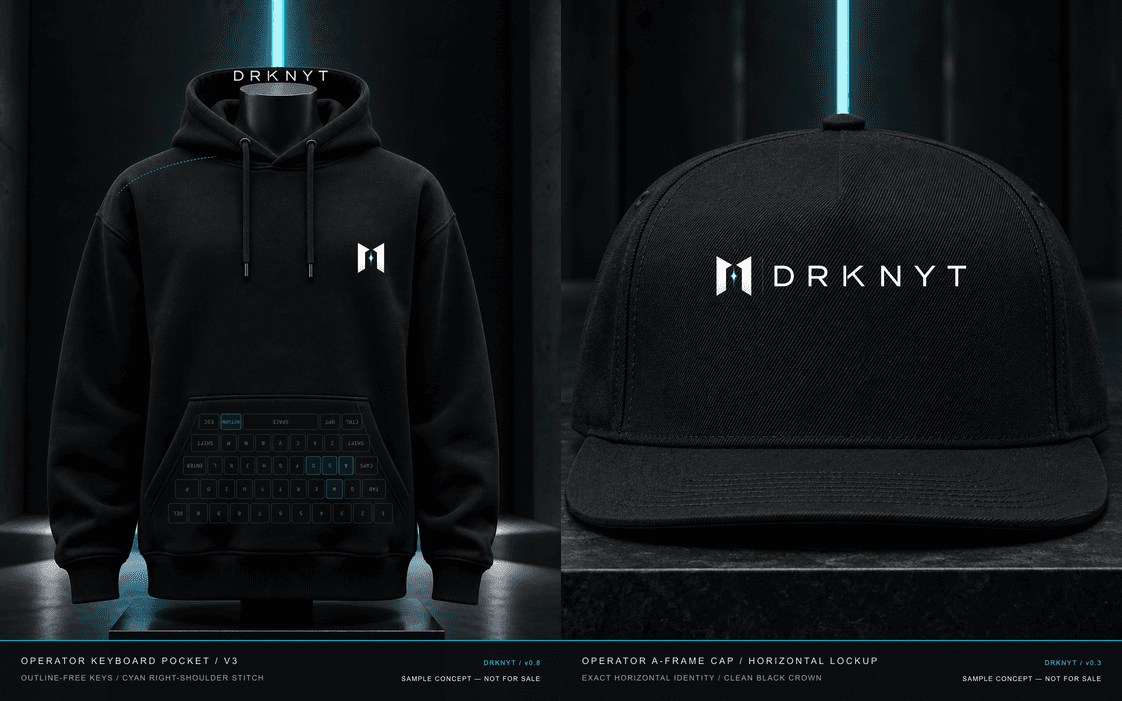 Approved DRKNYT operator capsule pairing the keyboard-pocket hoodie and horizontal-lockup A-frame cap