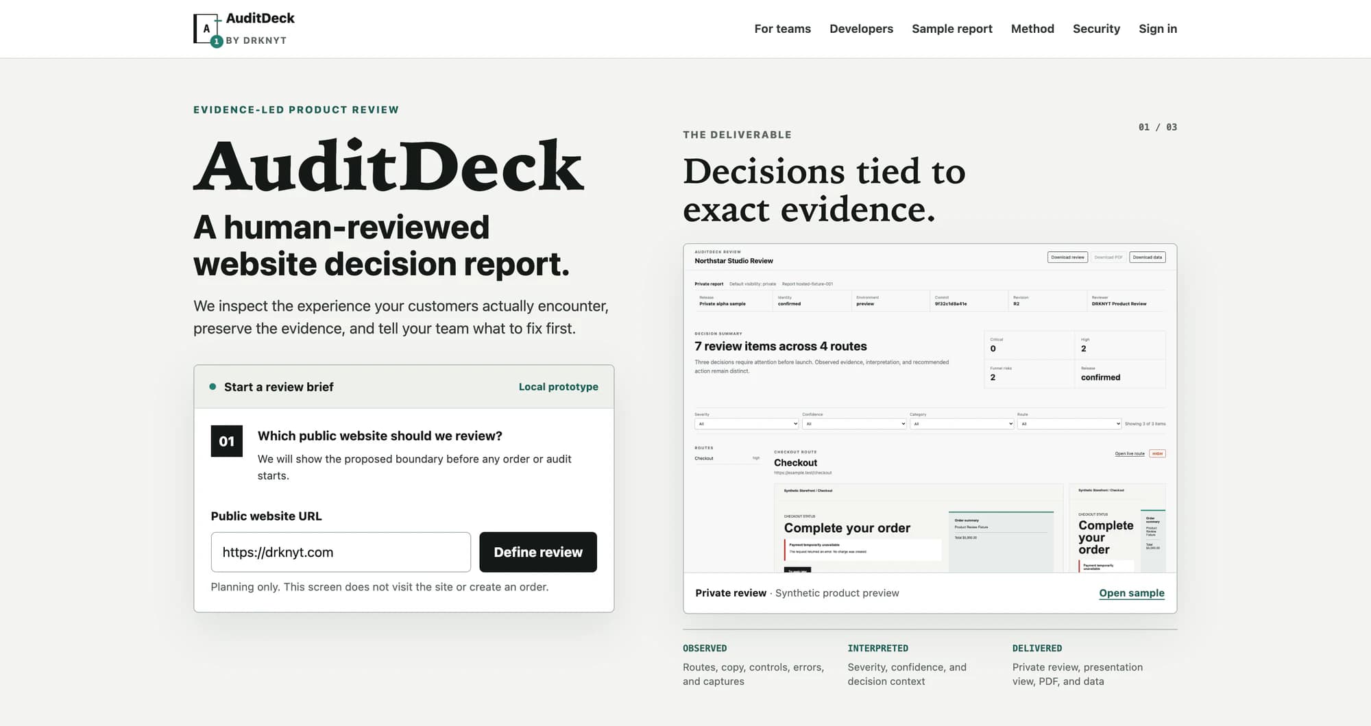 AuditDeck evidence-led product review interface