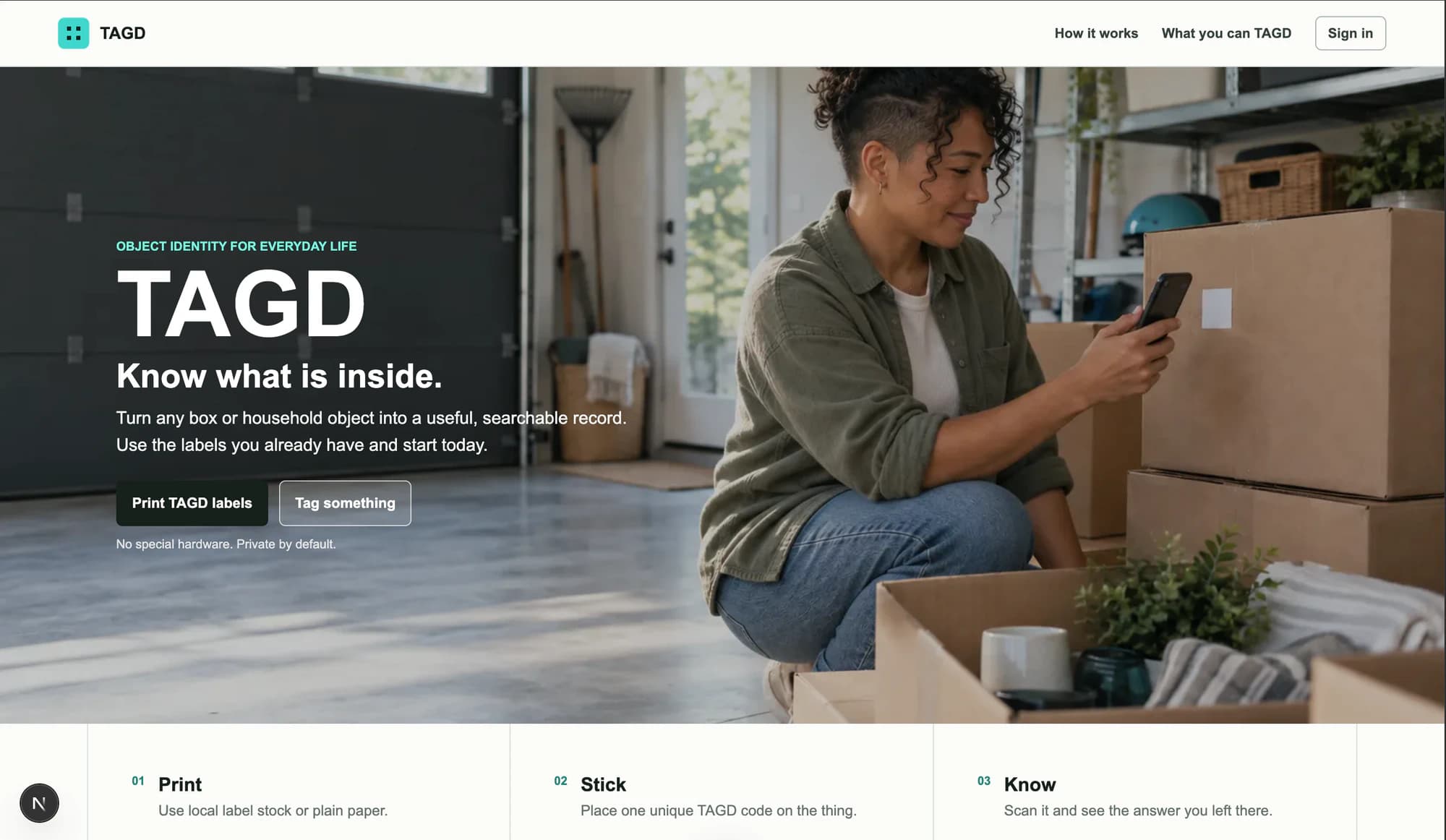 TAGD homepage showing object identity for moving boxes