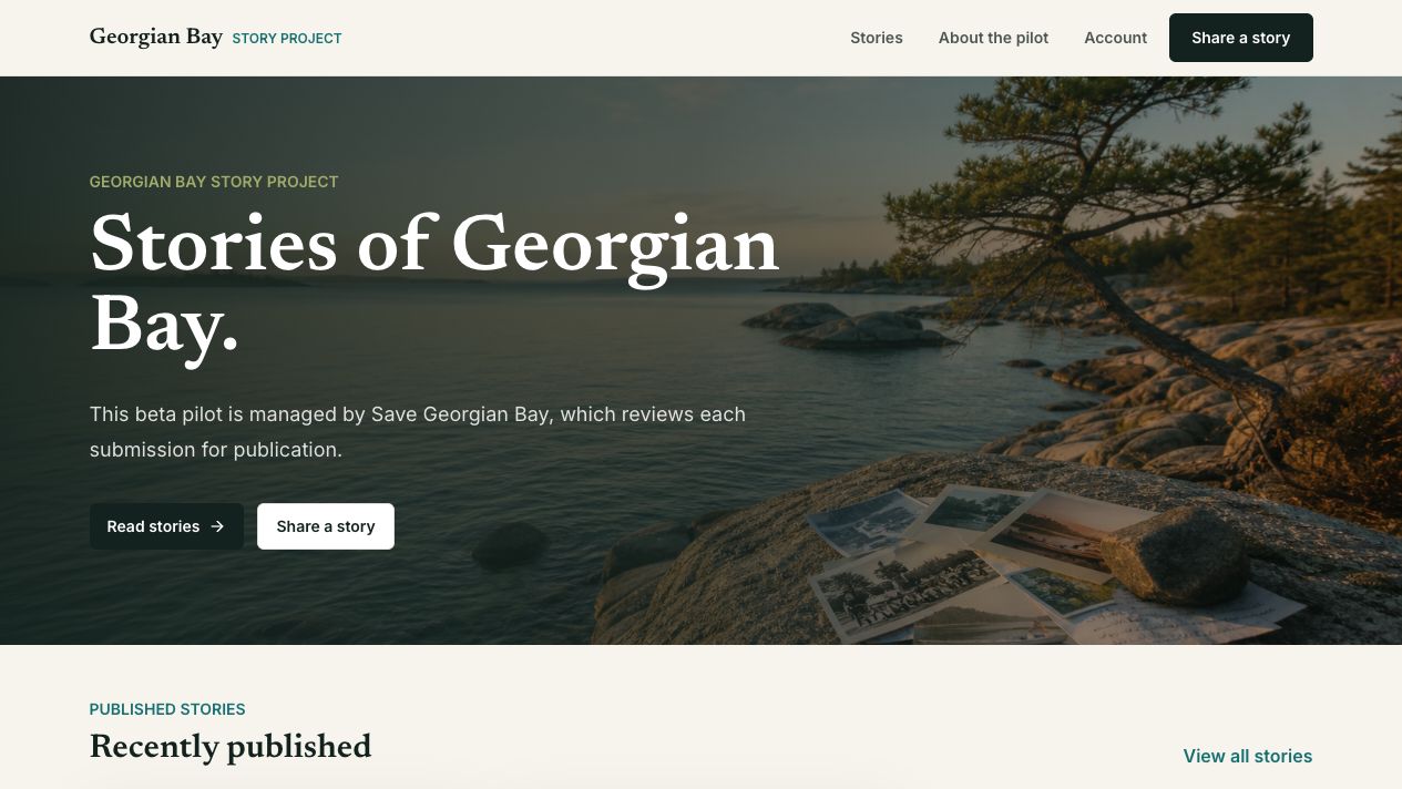 Georgian Bay Story Project homepage with its Stories of Georgian Bay headline, pilot introduction and story entry points